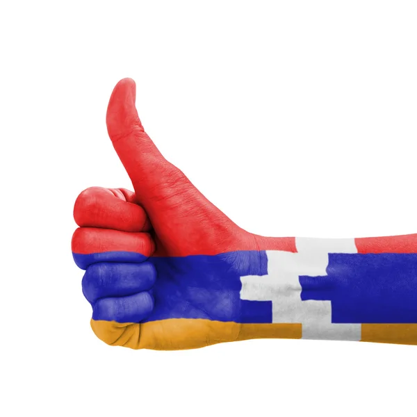 Hand mit erhobenem Daumen, Karabach-Flagge als Symbol der Exzellenz bemalt — Stockfoto
