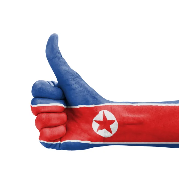 手用大拇指，朝鲜国旗描绘 excell 的象征 — 图库照片