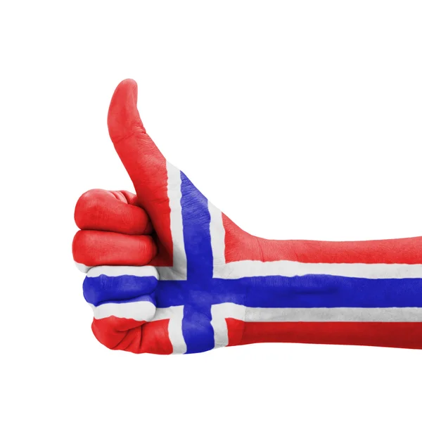 Mano con pulgar hacia arriba, bandera de Noruega pintada como símbolo de excelencia , — Foto de Stock