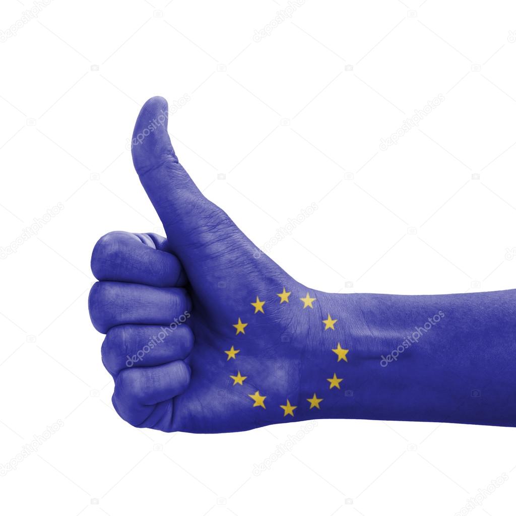 Hand with thumb up, EU (European Union) flag painted as symbol o