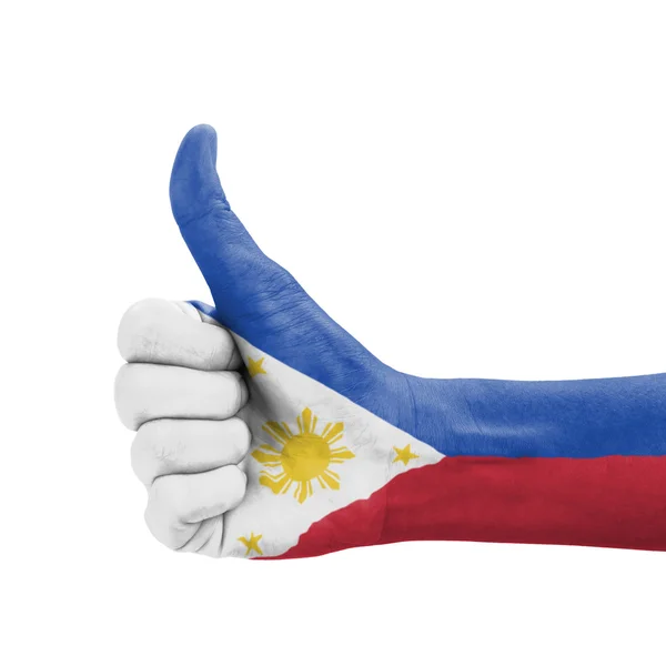 Рука с большим пальцем вверх, флаг Филиппин, нарисованный как символ превосходства — стоковое фото