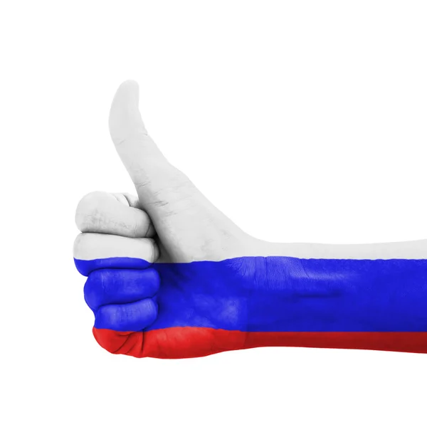 Рука с большим пальцем вверх, флаг России раскрашен как символ совершенства , — стоковое фото