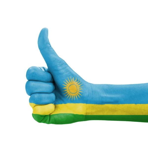 Mano con pollice in su, bandiera ruandese dipinta come simbolo di eccellenza , — Foto Stock