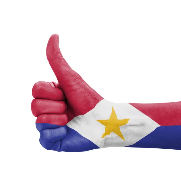 Ręka z kciuk, Saba bandery malowane jako symbol doskonałości, — Zdjęcie stockowe