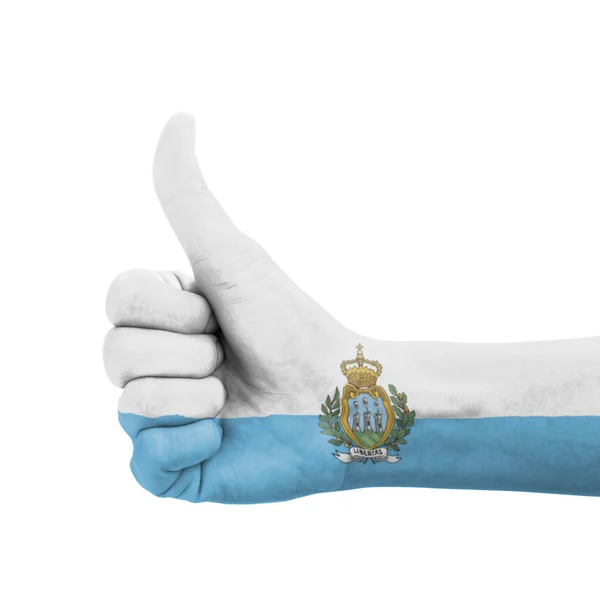 Mano con pulgar hacia arriba, bandera de San Marino pintada como símbolo de excelencia — Foto de Stock