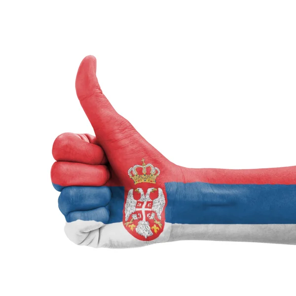 Mão com polegar para cima, bandeira da Sérvia pintada como símbolo de excelência , — Fotografia de Stock