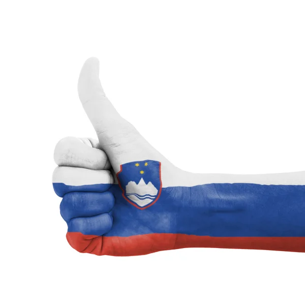 Tangan dengan ibu jari ke atas, bendera Slovenia dicat sebagai simbol unggul — Stok Foto