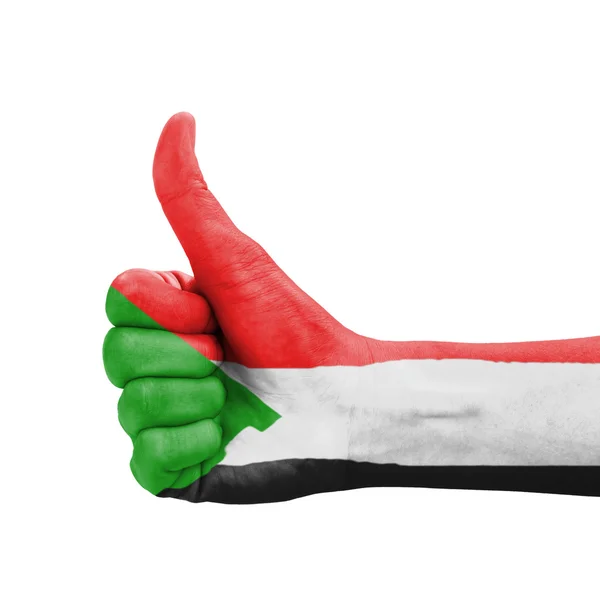 Mano con pollice in su, Bandiera Sudan dipinta come simbolo di eccellenza , — Foto Stock