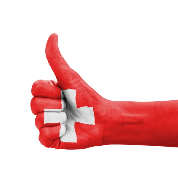 Hand met duim omhoog, Zwitserland vlag geschilderd als symbool van Excel — Stockfoto