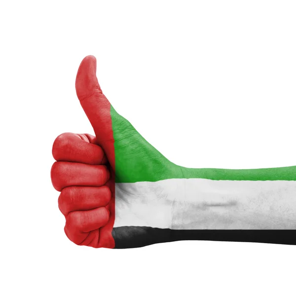 Hand with thumb up, UAE (United Arab Emirates) flag painted as s — Stock Photo, Image