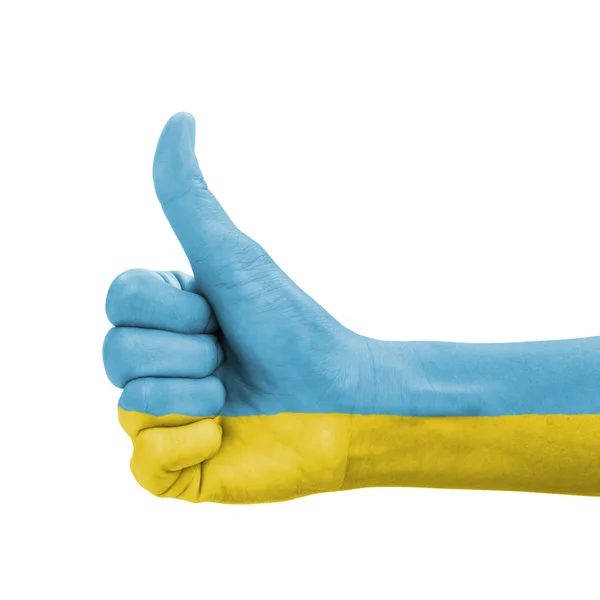 Mão com polegar para cima, bandeira da Ucrânia pintada como símbolo de excelência — Fotografia de Stock