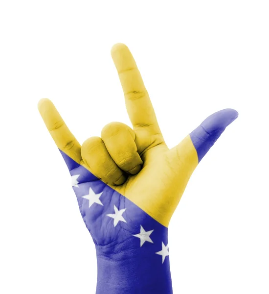 Hand machen ich liebe dich unterschreiben, Bosnien und Herzegowina Flagge bemalt — Stockfoto