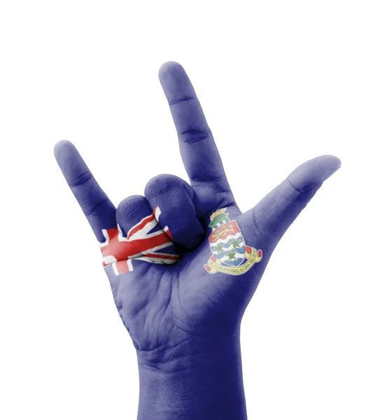 Ręka co kocham ci znak, flaga Kajmanów malowane, multi — Zdjęcie stockowe