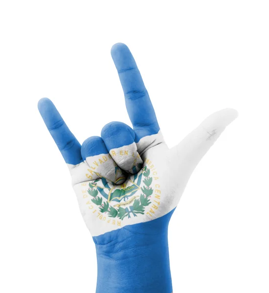 Mão fazendo eu amo você assinar, El Salvador bandeira pintada, multi pur — Fotografia de Stock