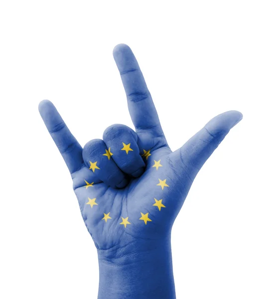 Hand making I love you sign, EU (European Union) flag painted, m — Stock Photo, Image