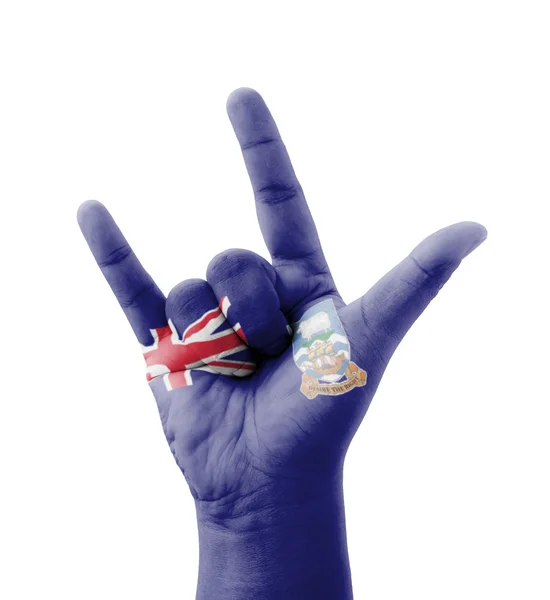 Hand making I love you sign, Falkland Islands flag painted, mult — Stock Photo, Image