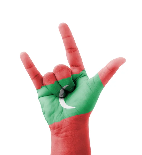 Mão fazendo eu te amo assinar, Bandeira das Maldivas pintada, multi purpos — Fotografia de Stock