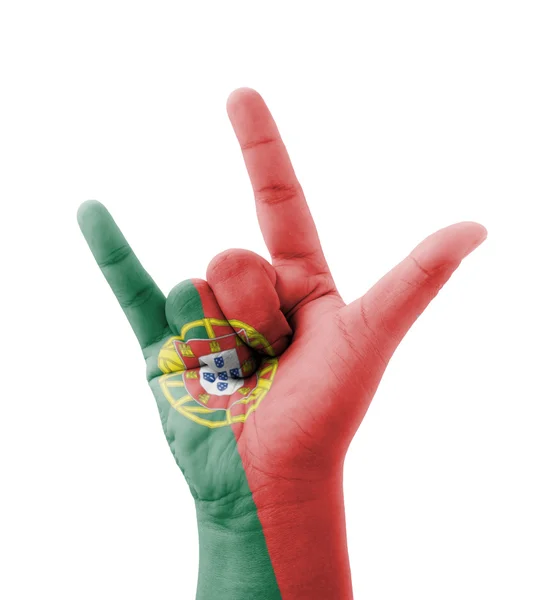 Ręka co kocham ci znak, flaga Portugalii malowane, multi przeznac — Zdjęcie stockowe