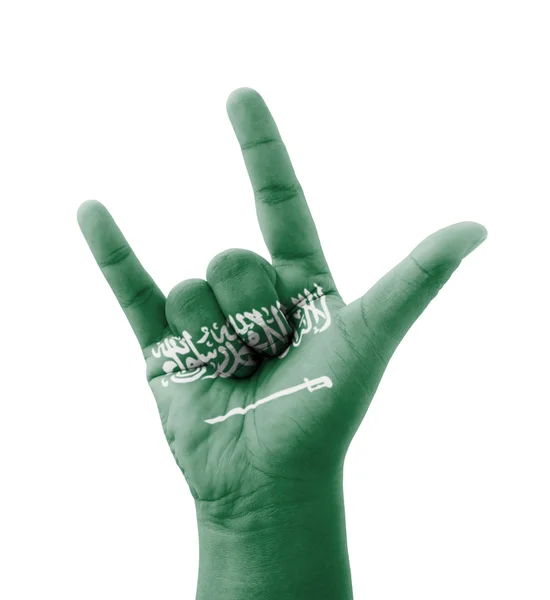 Mão fazendo eu amo você assinar, Arábia Saudita bandeira pintada, multi pu — Fotografia de Stock