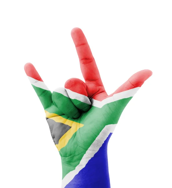 Hand making I love you sign, South Africa flag painted, multi pu — Stock Photo, Image