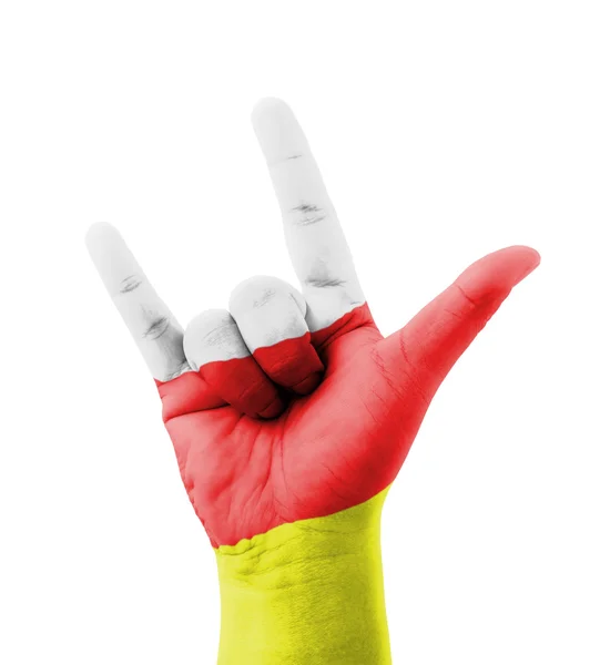 Hand making I love you sign, South Ossetia flag painted, multi p — Stock Photo, Image