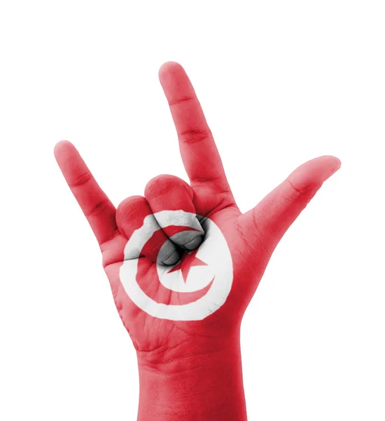 Mão fazendo eu te amo assinar, bandeira Tunísia pintada, multi-propósito — Fotografia de Stock