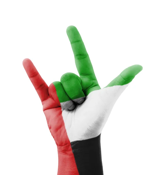 Hand making I love you sign, UAE (United Arab Emirates) flag pai — Stock Photo, Image