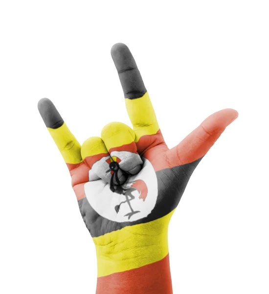 Mão fazendo eu te amo assinar, bandeira de Uganda pintado, multiúso — Fotografia de Stock
