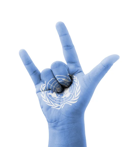 Ręka co kocham ci znak, flagą ONZ (Organizacja Narodów Zjednoczonych), m — Zdjęcie stockowe