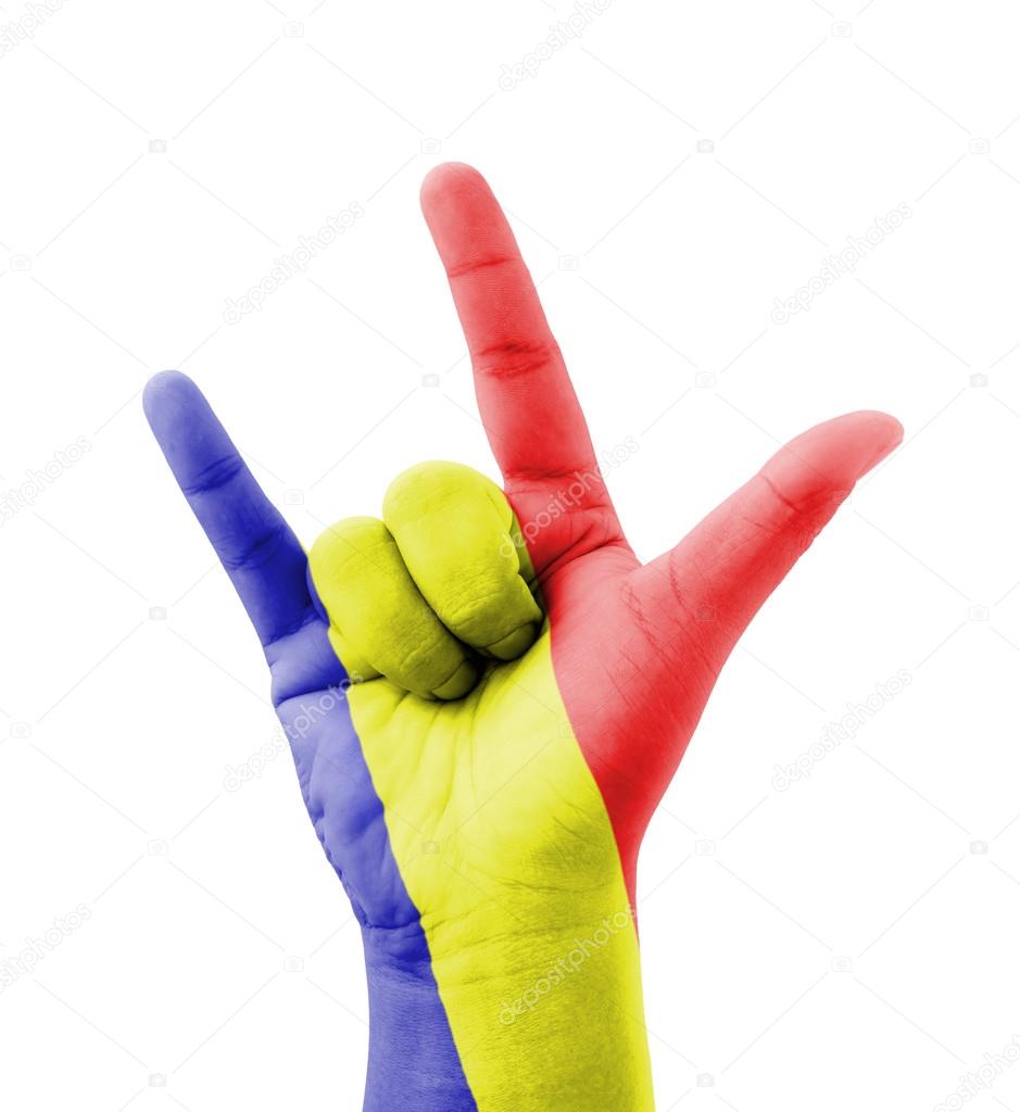 Hand making I love you sign, Romania flag painted, multi purpose