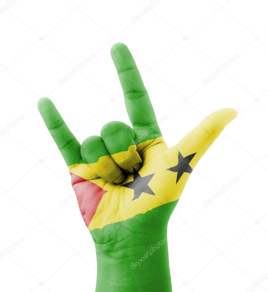 Hand making I love you sign, Sao Tome and Principe flag painted,