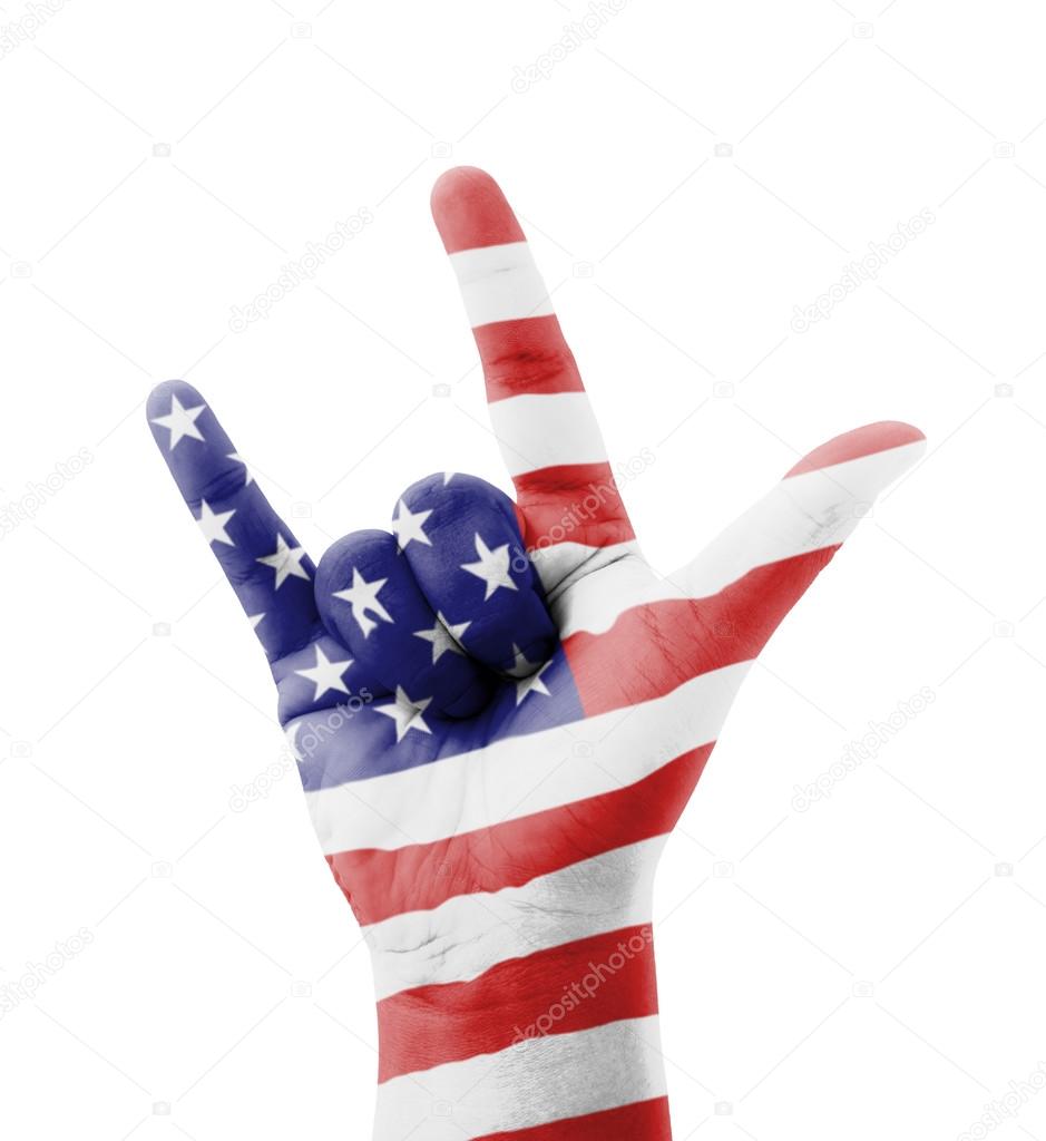 Hand making I love you sign, USA (United States of America) flag