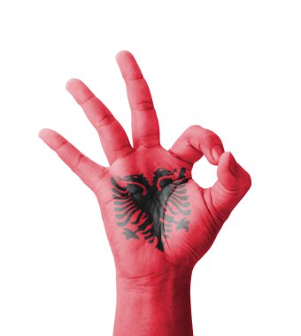 Hand making Ok sign, Albania flag painted as symbol of best qual clipart