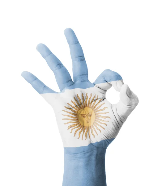 Hand making Ok sign, Argentina flag painted as symbol of best qu — Stock Photo, Image