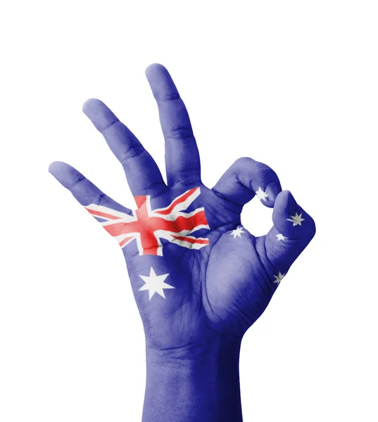 Hand making Ok sign, Australia flag painted as symbol of best qu — Stock Photo, Image