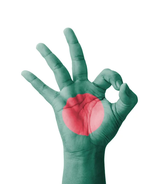 Hand making Ok sign, Bangladesh flag painted as symbol of best q — Stock Photo, Image