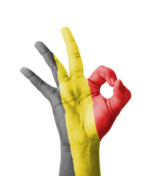 Hand making Ok sign, Belgium flag painted as symbol of best qual — Stock Photo, Image