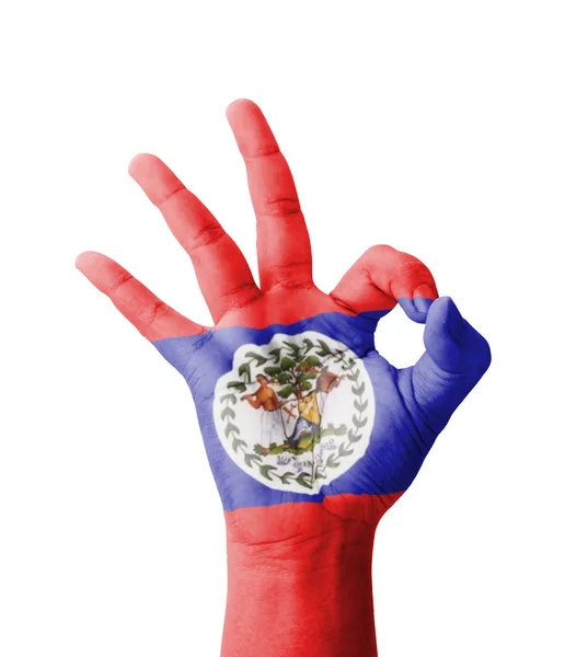 Hacer a mano Ok signo, bandera de Belice pintado como símbolo de mejor quali — Foto de Stock