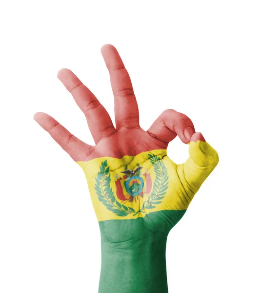 Hacer a mano Ok signo, Bandera de Bolivia pintada como símbolo de mejor calidad — Foto de Stock