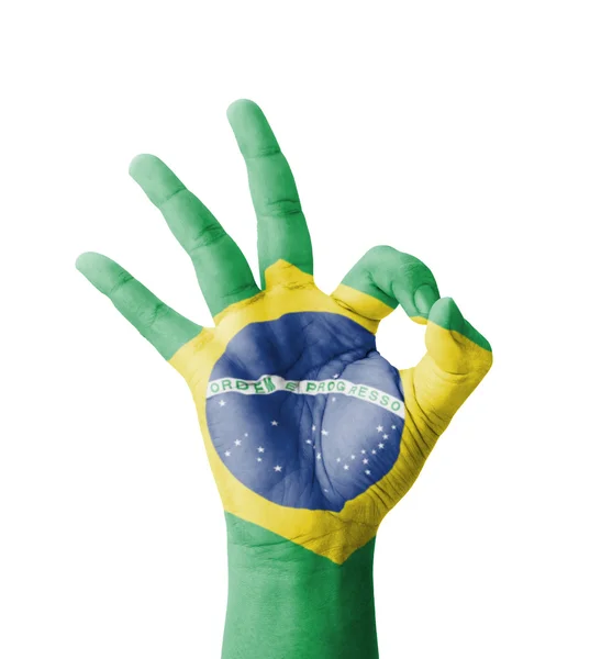 Hand making Ok sign, Brazil flag painted as symbol of best quali — Stock Photo, Image