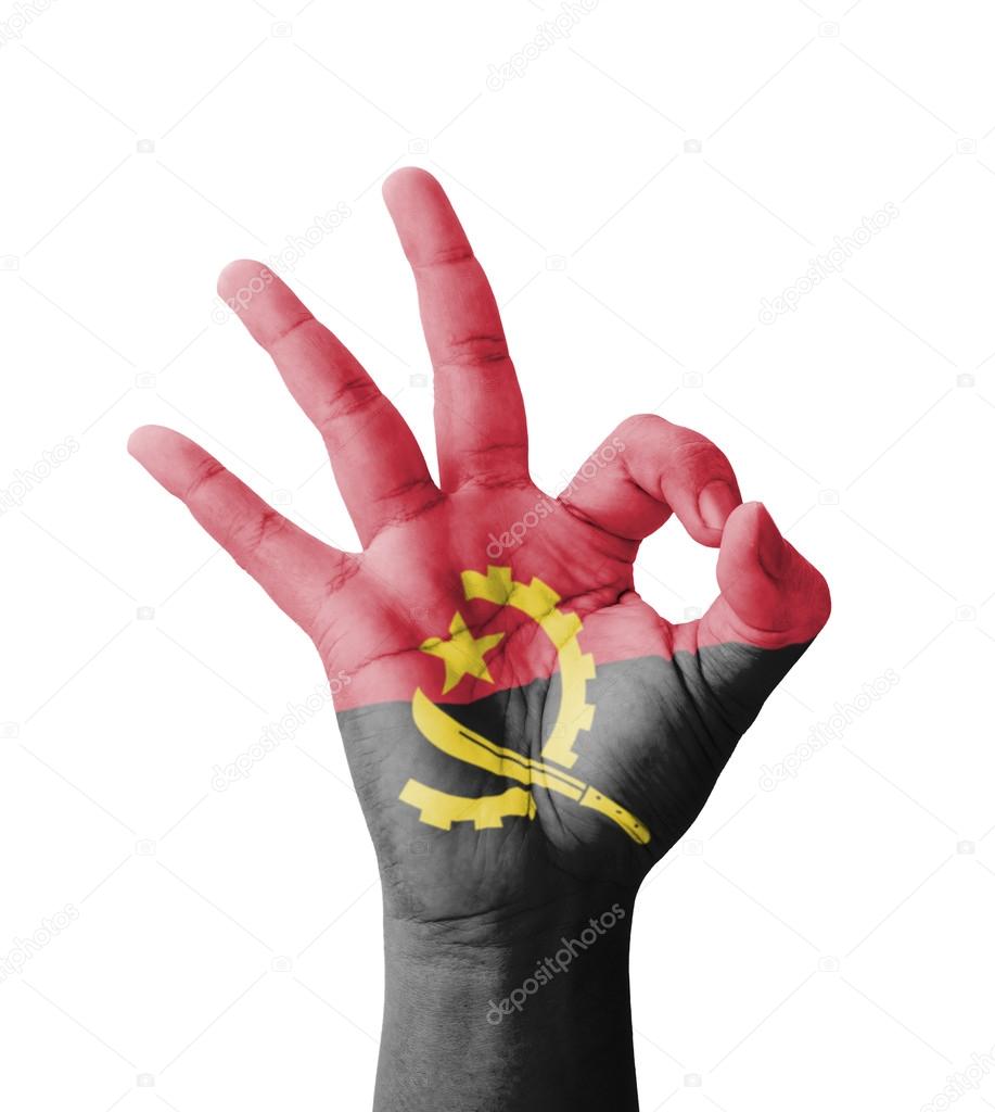Hand making Ok sign, Angola flag painted as symbol of best quali