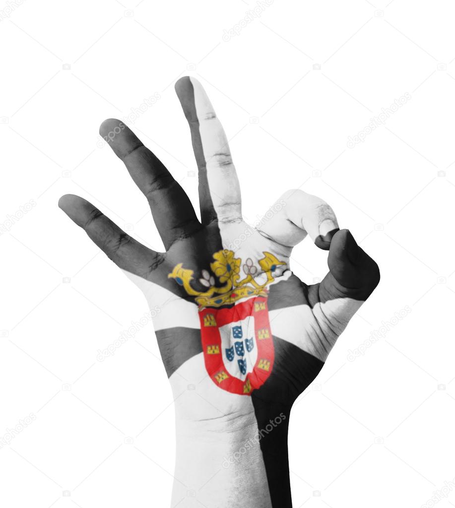 Hand making Ok sign, Ceuta flag painted as symbol of best qualit