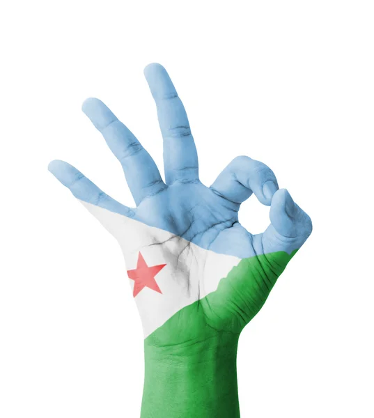 Ręka Dokonywanie znak Ok, Dżibuti flaga malowane jako symbol najlepszych qua — Zdjęcie stockowe