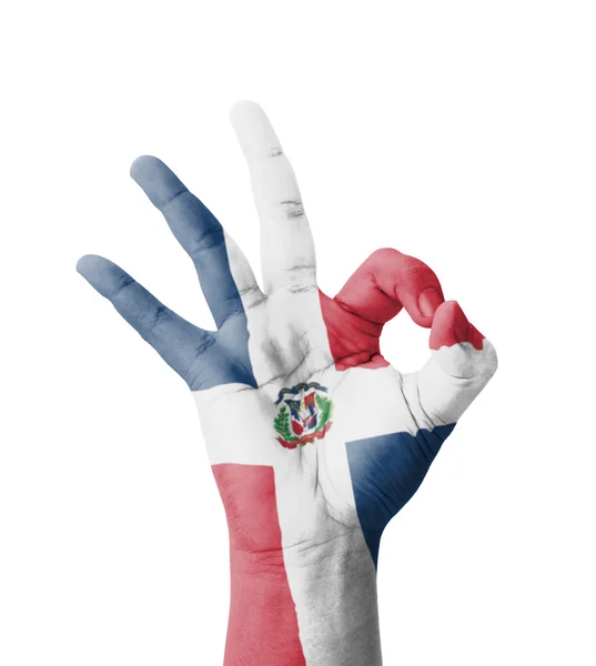 Hand making Ok sign, Dominican Republic flag painted as symbol o — Stock Photo, Image