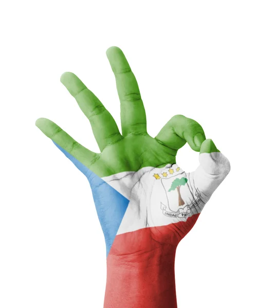 Ręka Dokonywanie znak Ok, flaga Gwinei Równikowej malowane jako symbol — Zdjęcie stockowe