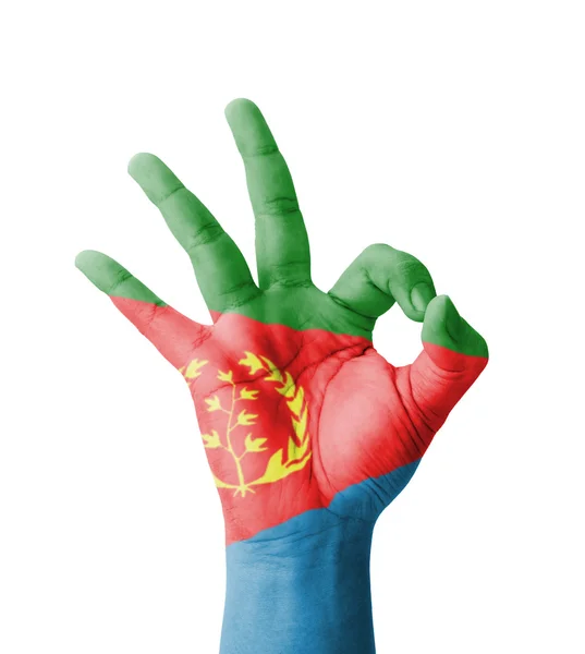 Hand making Ok sign, Eritrea flag painted as symbol of best qual — Stock Photo, Image