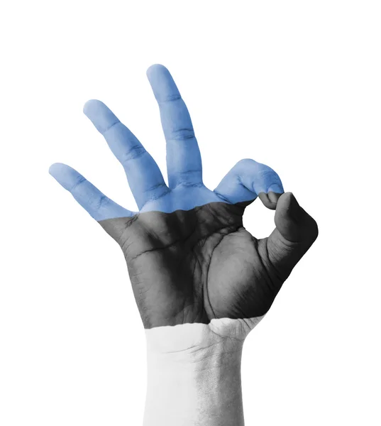 Hand making Ok sign, Estonia flag painted as symbol of best qual — Stock Photo, Image