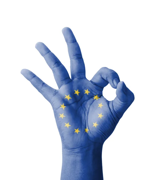 Fatto a mano Ok segno, UE (Unione Europea) bandiera dipinta come simbolo — Foto Stock