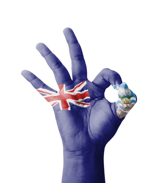 手工制作 Ok 的手势，福克兰群岛旗帜描绘的象征 — 图库照片