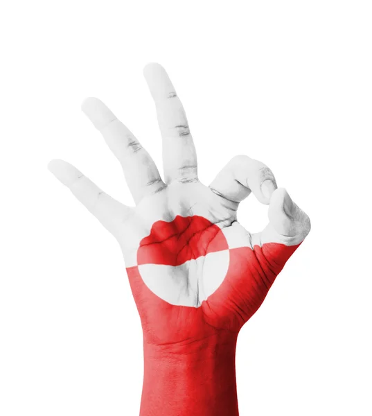Hand making Ok sign, Greenland flag painted as symbol of best qu — Stock Photo, Image